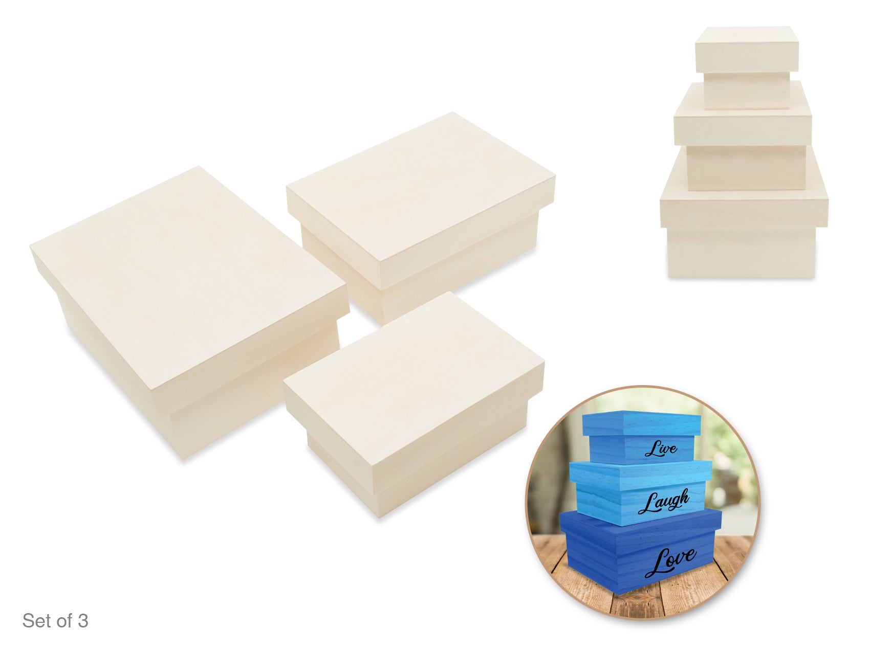 BOX WOOD RECT 3PC